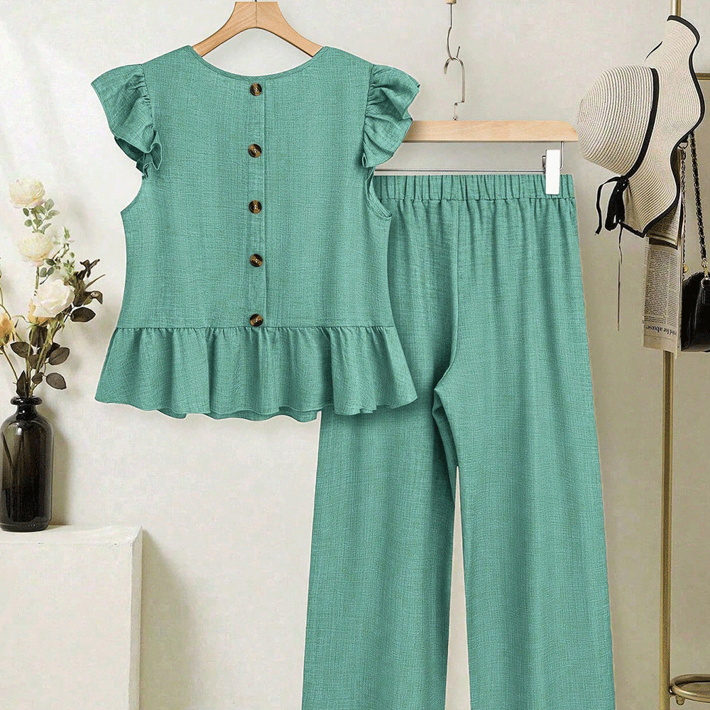 European and american cross-border women's short-sleeve set:  summer new arrival - stylish flutter sleeve top and wide-leg pants two-piece set