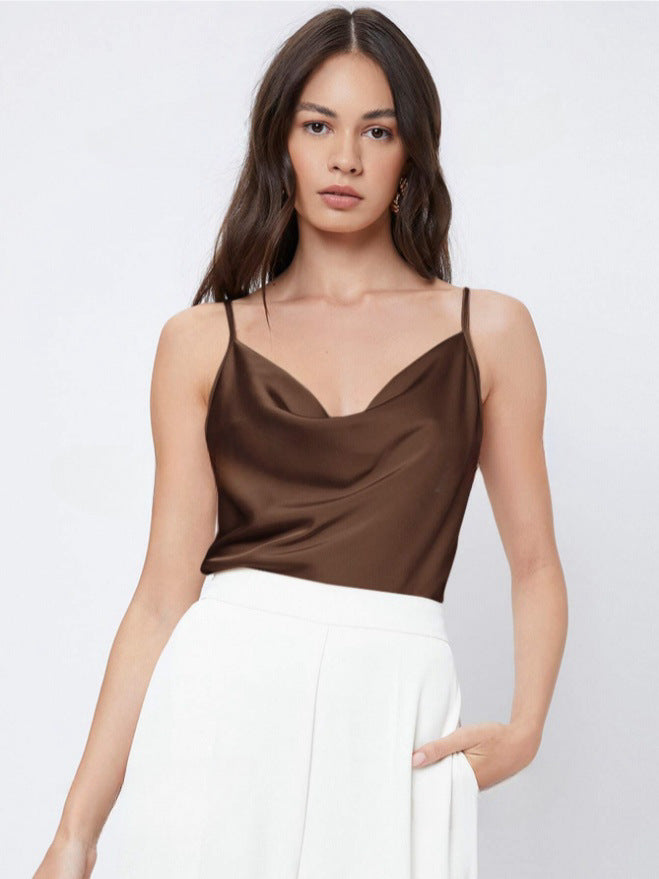 Suit with artificial silk satin suspenders women's stacked collar outwear sexy bottom swing collar short tops