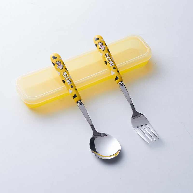 Portable storage cutlery set - cute cow design stainless steel children's dinnerware set: fork, spoon, and chopsticks