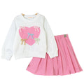 new autumn girls' round neck heart print bow long sleeve sweatshirt pleated skirt two-piece casual set