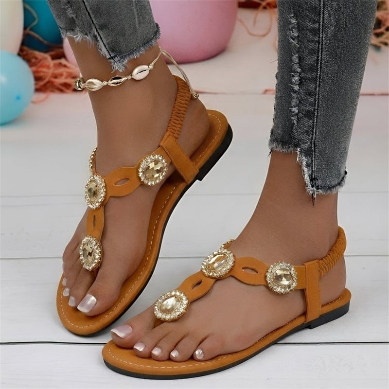 Plus size women's european and american sandals -  bohemian rhinestone comfortable breathable versatile elastic band thong sandals
