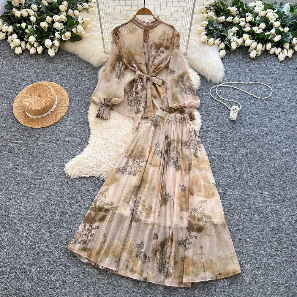 Elegant two-piece set: french-inspired, high-end tie-waist lantern sleeve printed chiffon top + high-waisted midi skirt