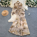 Elegant two-piece set: french-inspired, high-end tie-waist lantern sleeve printed chiffon top + high-waisted midi skirt