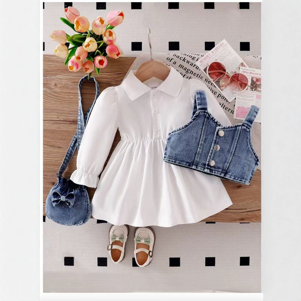 fashionexportfashionsummernew arrivalgirlsuitpure color puff sleeve dress with suspenders bag three-piece set