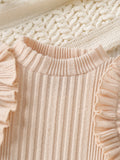 autumn new arrival: round neck ruffle trim princess sleeve top + plaid skirt two-piece set