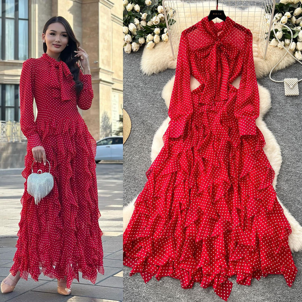 Sophisticated chic: women's polka dot maxi dress with bow tie, asymmetrical ruffle hem - autumn  collection