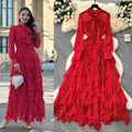 Sophisticated chic: women's polka dot maxi dress with bow tie, asymmetrical ruffle hem - autumn  collection