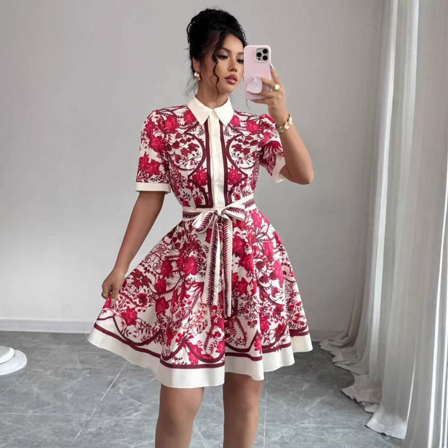 cross-border printed short-sleeve dress - women's tie-waist, single-breasted, mid-length shirt dress