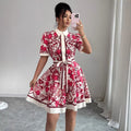 cross-border printed short-sleeve dress - women's tie-waist, single-breasted, mid-length shirt dress