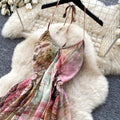 French smudge print v-neck cami dress - women's summer korean style sleeveless vacation dress - slimming and elegant maxi dress