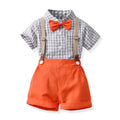 New arrivals: cross-border japanese & korean style boys' outfit - short-sleeve plaid shirt, overalls, and bow tie gentleman's suit