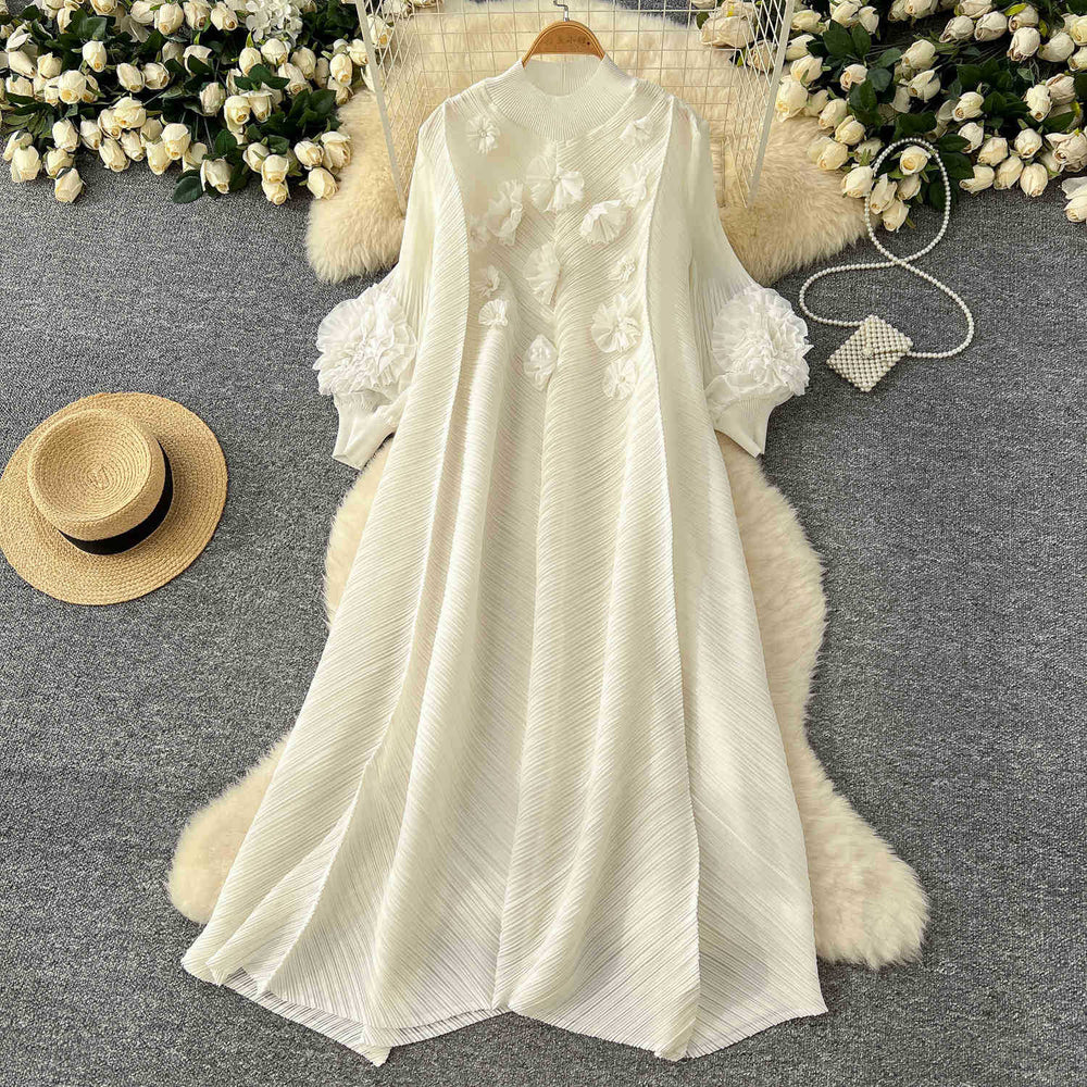 Miya pleated dress - spring  collection: high-end beaded, 3d floral, lantern sleeve, loose fit, pleated maxi dress