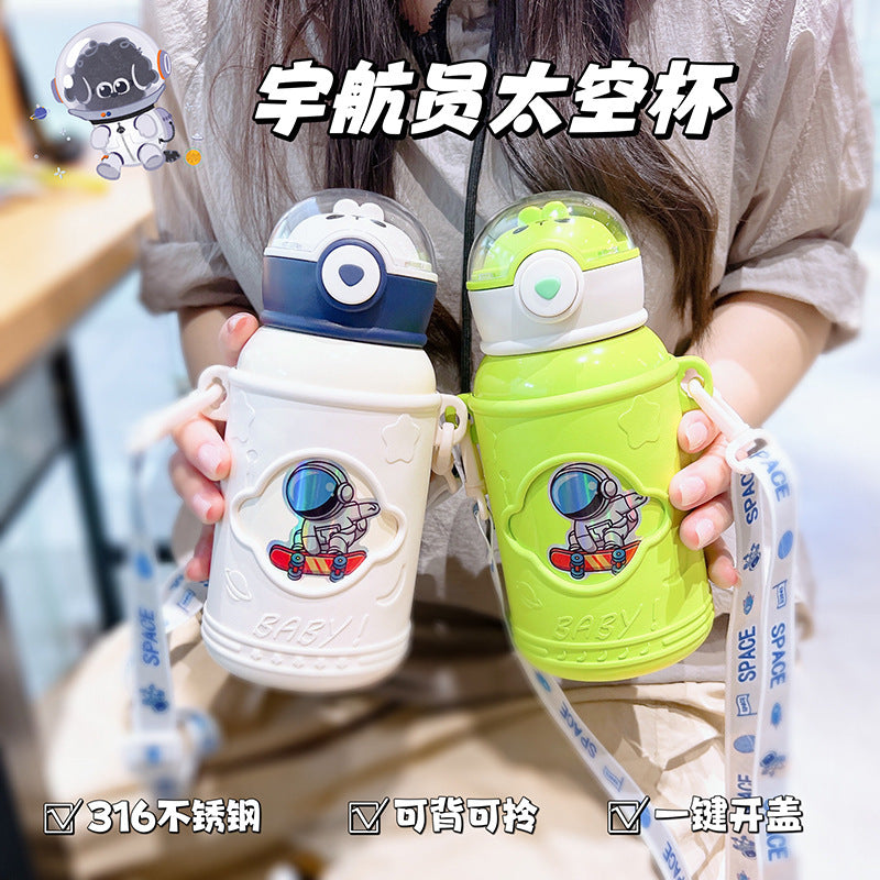 Astronaut-themed kids' insulated water bottle - 316 stainless steel straw cup, high-value design, popular online, large capacity, outdoor tumbler