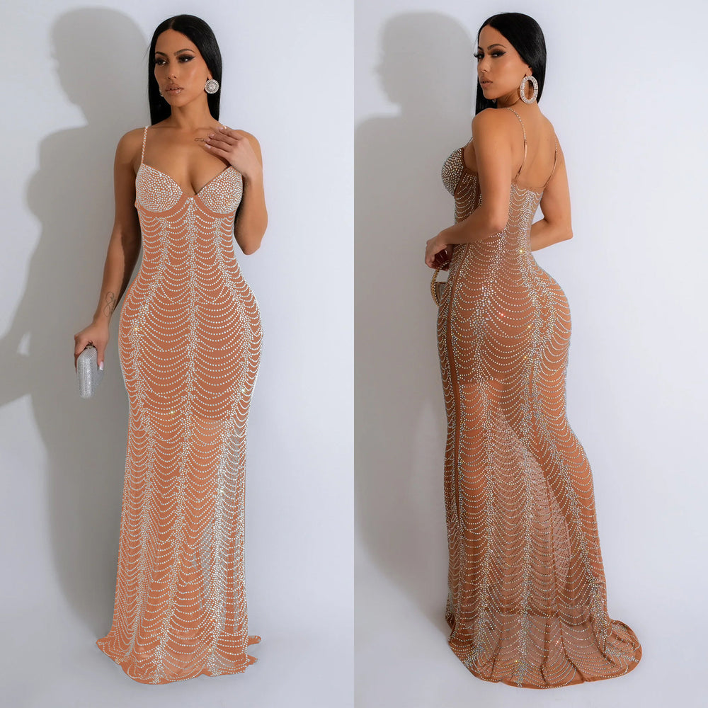C6841 cross-border   fashion women's solid color mesh rhinestone camisole maxi dress