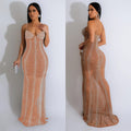 C6841 cross-border   fashion women's solid color mesh rhinestone camisole maxi dress