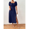 fashion  summer new arrival pleated strap slit puff sleeve square neck mid-length dress for women