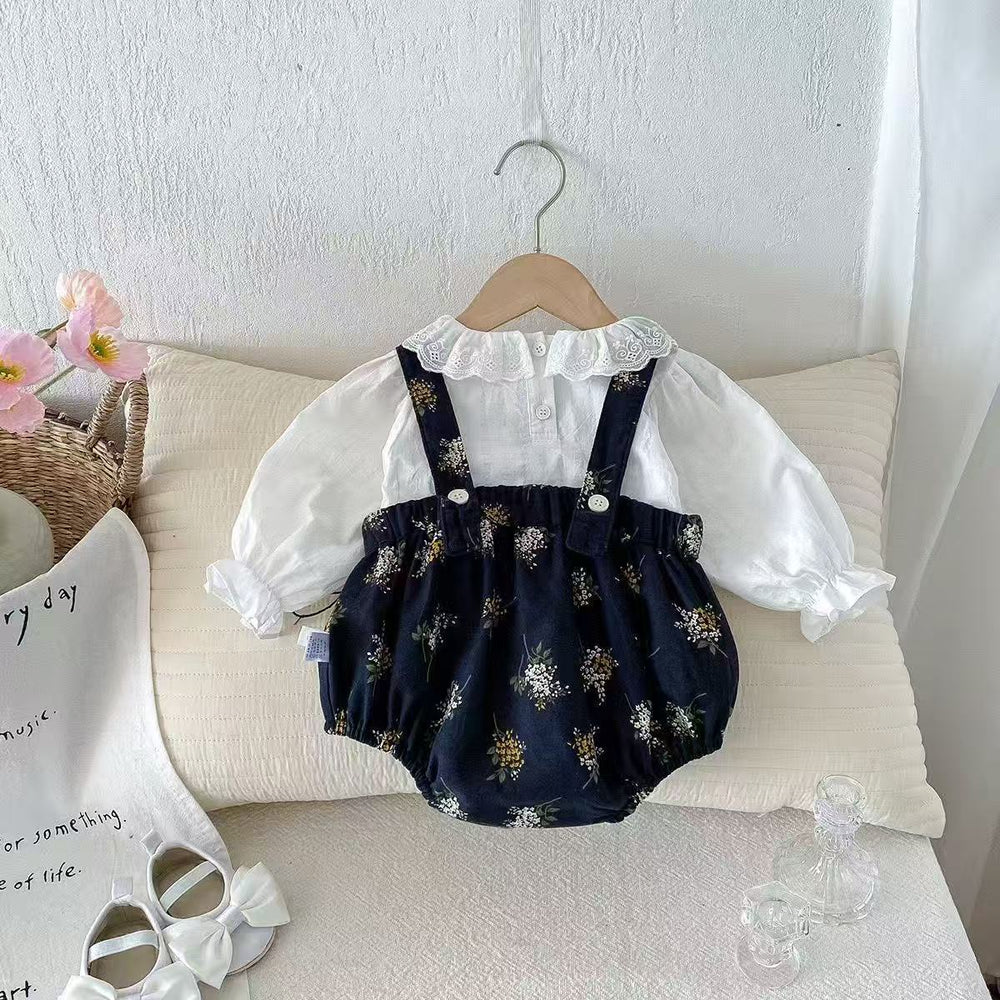 Floral print baby doll shirt & suspender pants set - korean style long sleeve autumn outfit (2-piece)