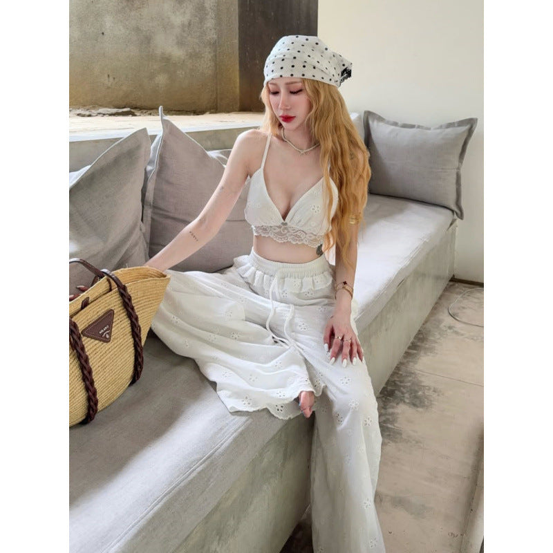 European and american style women's summer  new slim-fit hollow-out jacquard cropped inner top and fashionable casual pants set