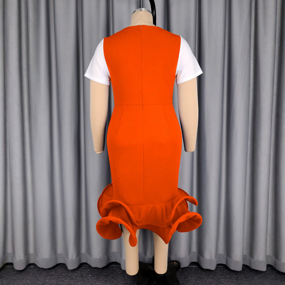 new arrival slimming high-waisted short-sleeve dress - color block panel, cinched waist belt, fishtail skirt dresses
