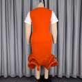 new arrival slimming high-waisted short-sleeve dress - color block panel, cinched waist belt, fishtail skirt dresses