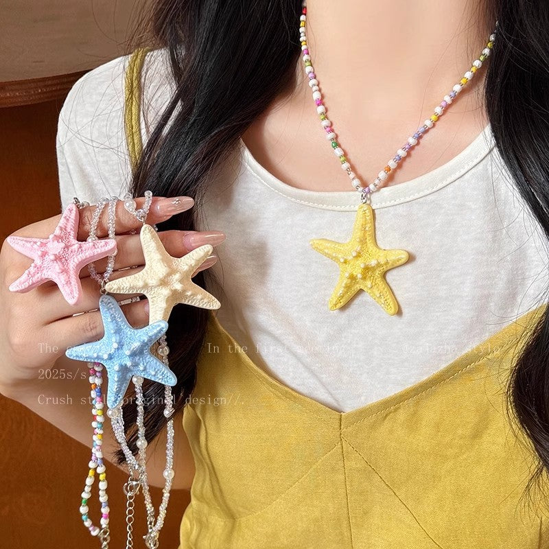 Dopamine long beaded starfish necklace women's summer beach island vacation style exaggerated yellow clavicle chain accessories