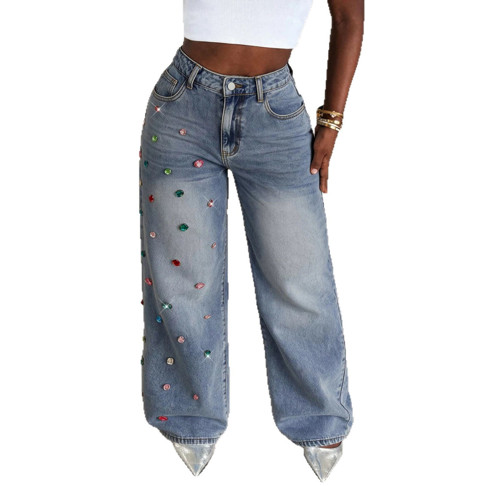 Fashionjeans women's high waist washed hot diamond wide leg mop pants export hot girl heavy industry sparkling diamond denim pants
