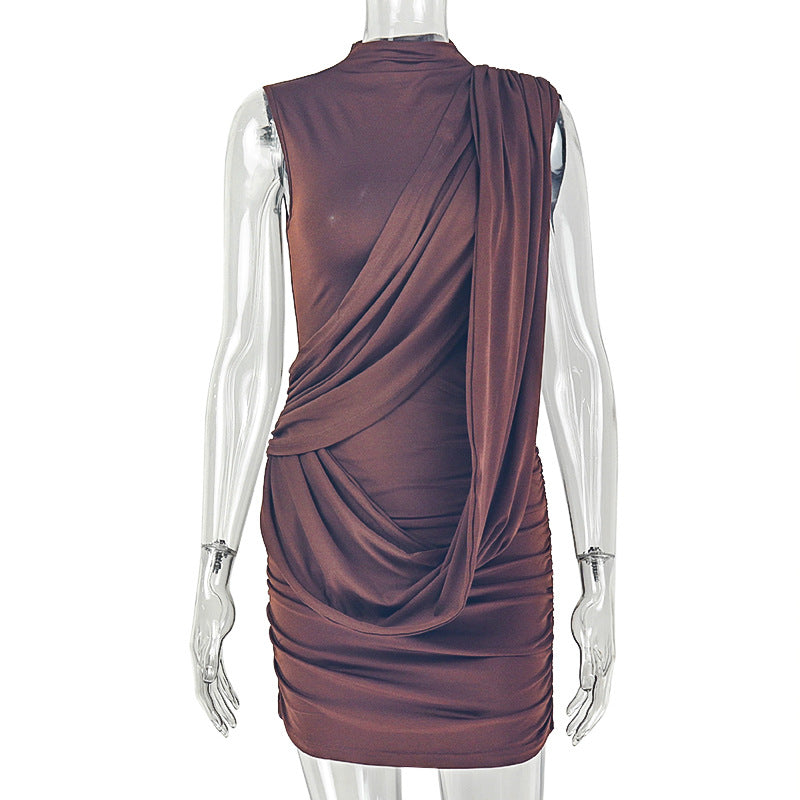 Fashion style cross-border sense of design women's pure color pleated silm hip skirt round neck fashion asymmetrical short dress
