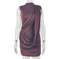 Fashion style cross-border sense of design women's pure color pleated silm hip skirt round neck fashion asymmetrical short dress