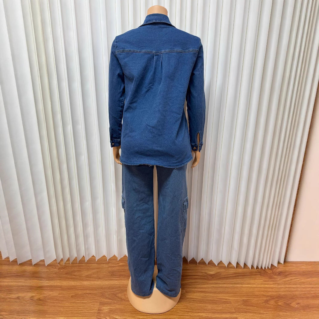 European and American  women's clothing  new loose lapel cardigan long-sleeved straight trousers multi-pocket set denim