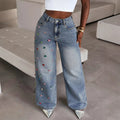 Fashionjeans women's high waist washed hot diamond wide leg mop pants export hot girl heavy industry sparkling diamond denim pants