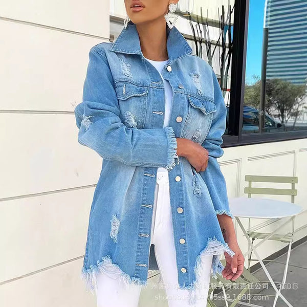 Special   blue irregular burr long-sleeved denim shirt-LZR17008