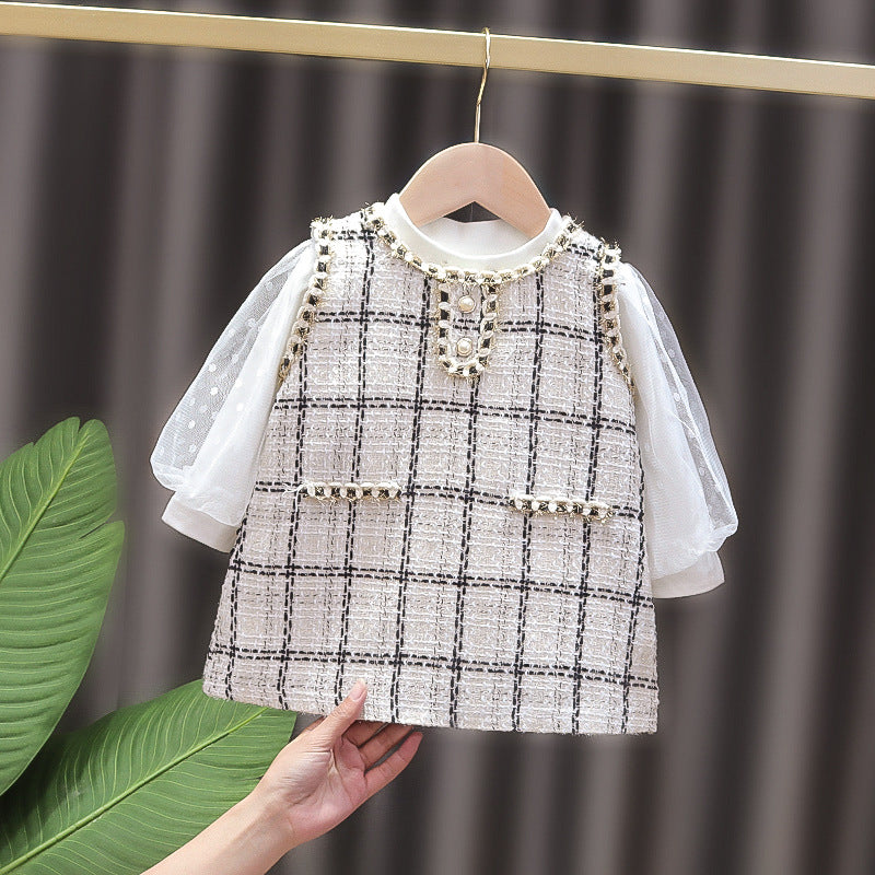 Dress spring & fall women's k-style princess dress plaid white long sleeves princess children's clothing