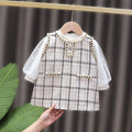 Girls' chanel-inspired dress, new spring long-sleeve two-piece set, korean style baby girl plaid outfit