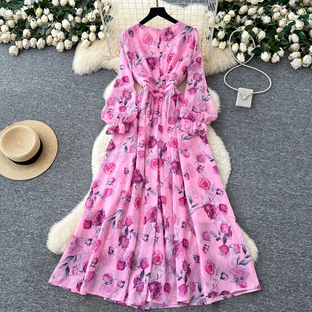 French chic high-end elegant dress - new 2025 collection: slimming, figure-flattering, printed chiffon maxi dress with a sophisticated waist
