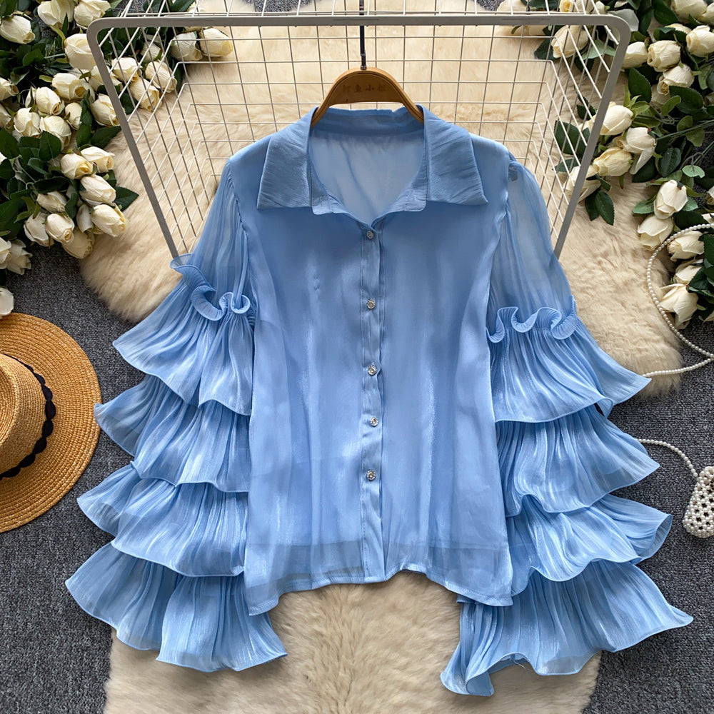 French romantic ruffle bell sleeve blouse - elegant, versatile, and chic work top - unique and high-end shirt