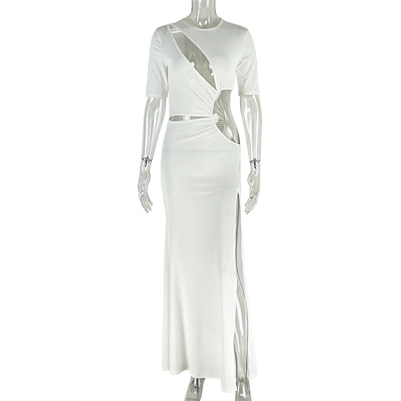 European and american style cross-border elegant women's fashion hollow-out slit socialite irregular skirt round neck solid color pleated dress