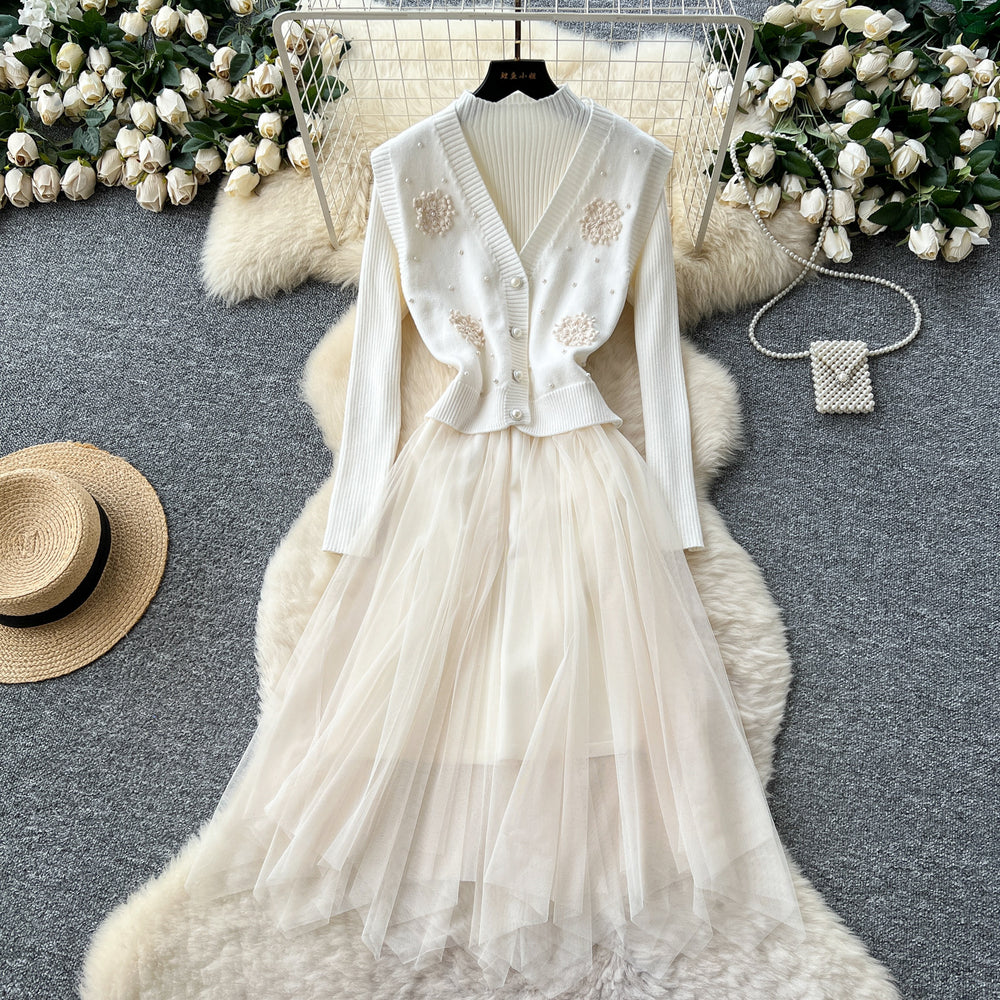 Elegant two-piece set for women: autumn collection - high-end, heavily beaded, v-neck, sleeveless knit top with mesh panel dress