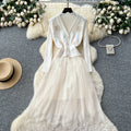 Elegant two-piece set for women: autumn collection - high-end, heavily beaded, v-neck, sleeveless knit top with mesh panel dress