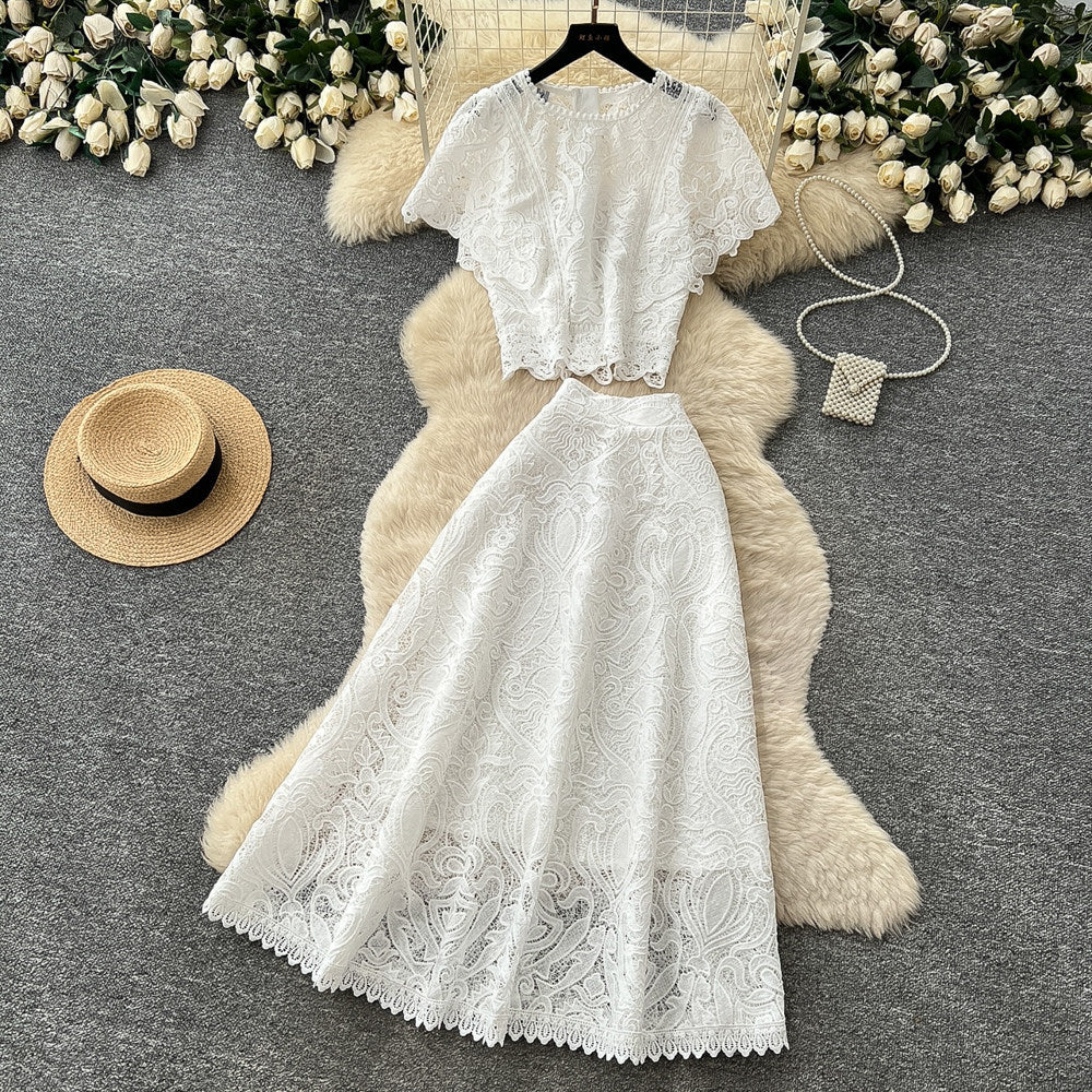 French chic lace two-piece set: elegant round neck short sleeve top & high-waisted midi skirt - perfect for summer