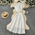 French chic lace two-piece set: elegant round neck short sleeve top & high-waisted midi skirt - perfect for summer