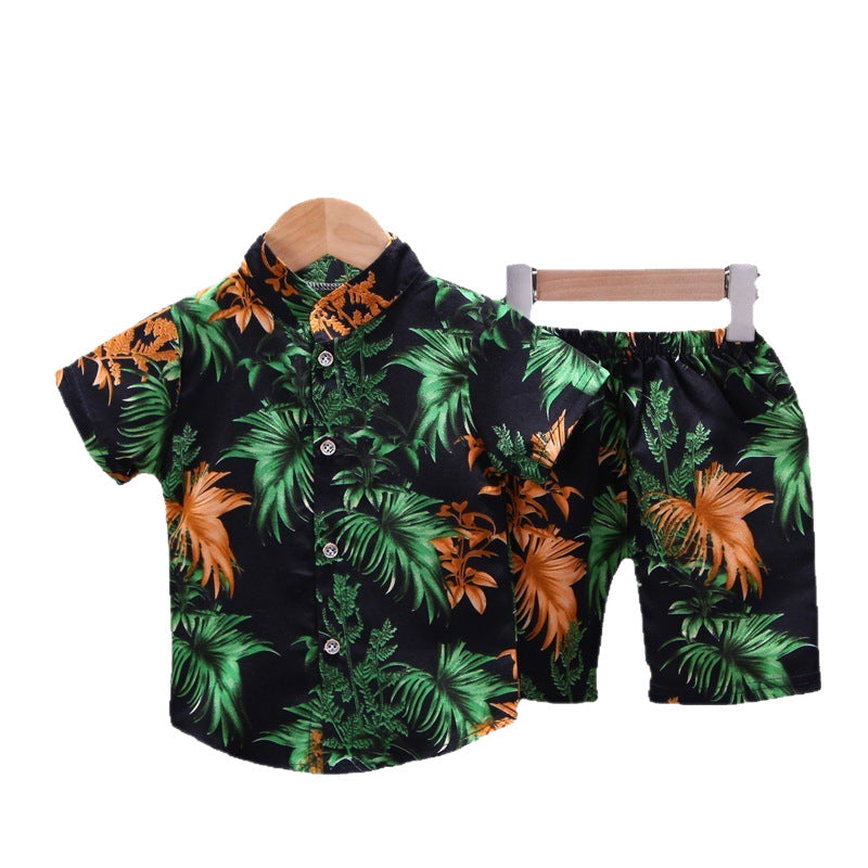 Summer kids' short-sleeve set: boys' printed shirt + shorts two-piece outfit, 0-4 years old, lightweight boys' shirt wholesale