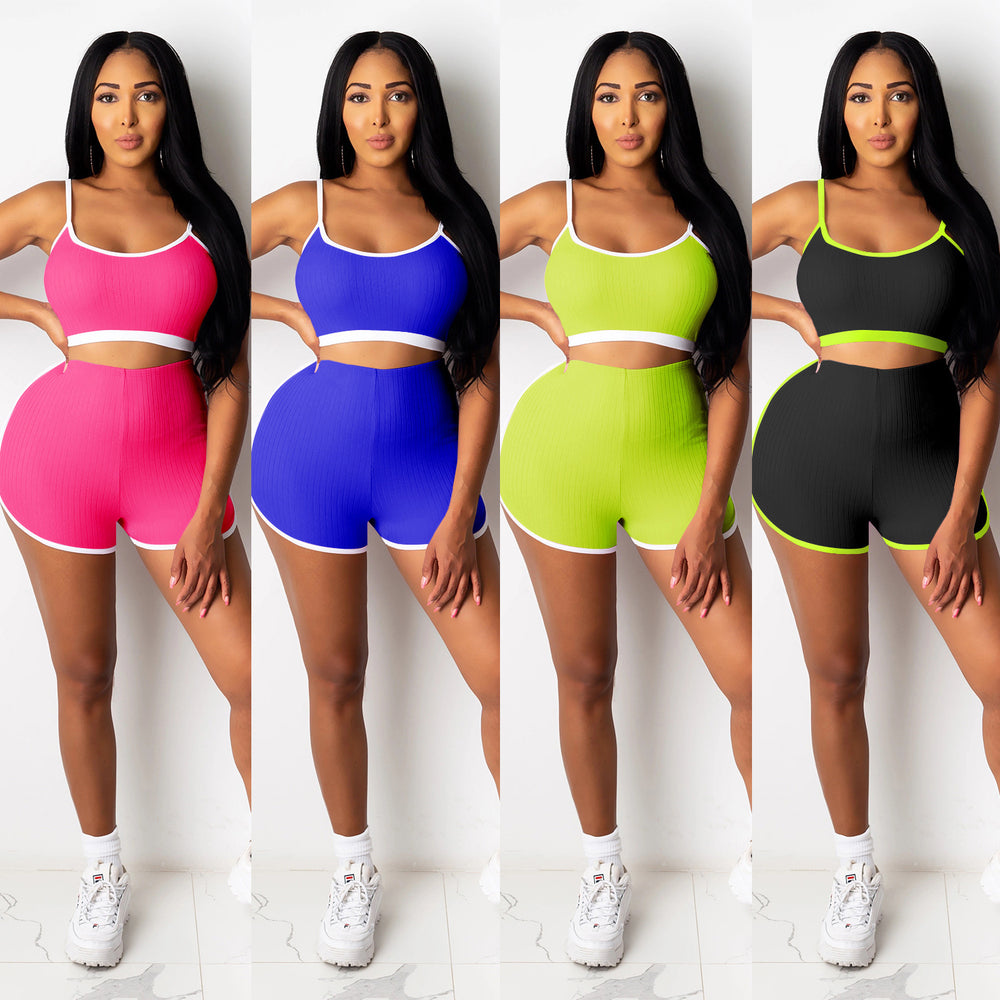 C3635 in-stock cross-border   fashion european and american women's yoga cropped tank top two-piece set