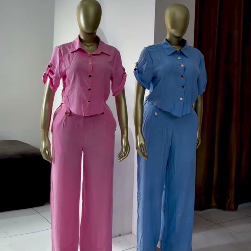 European and american cross-border women's fashion:  summer new collection - solid color turn-down collar short sleeve shirt & casual wide-leg pants set