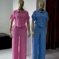 European and american cross-border women's fashion:  summer new collection - solid color turn-down collar short sleeve shirt & casual wide-leg pants set