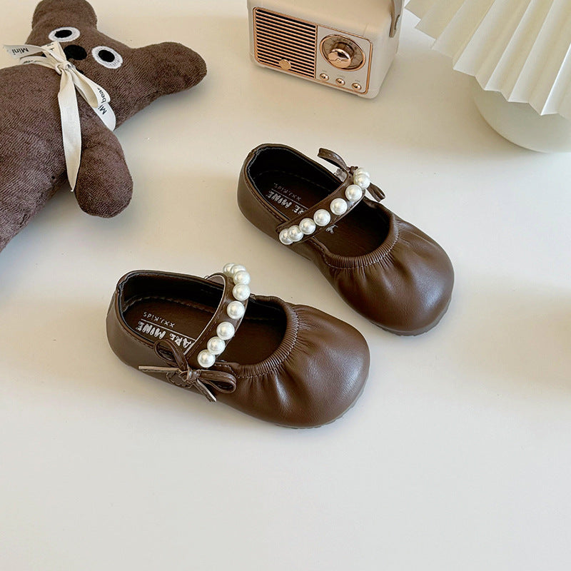 Korean version of girls' small leather shoes, spring and autumn 2025 new soft-soled children's pearl princess shoes, retro Mary Jane single shoes