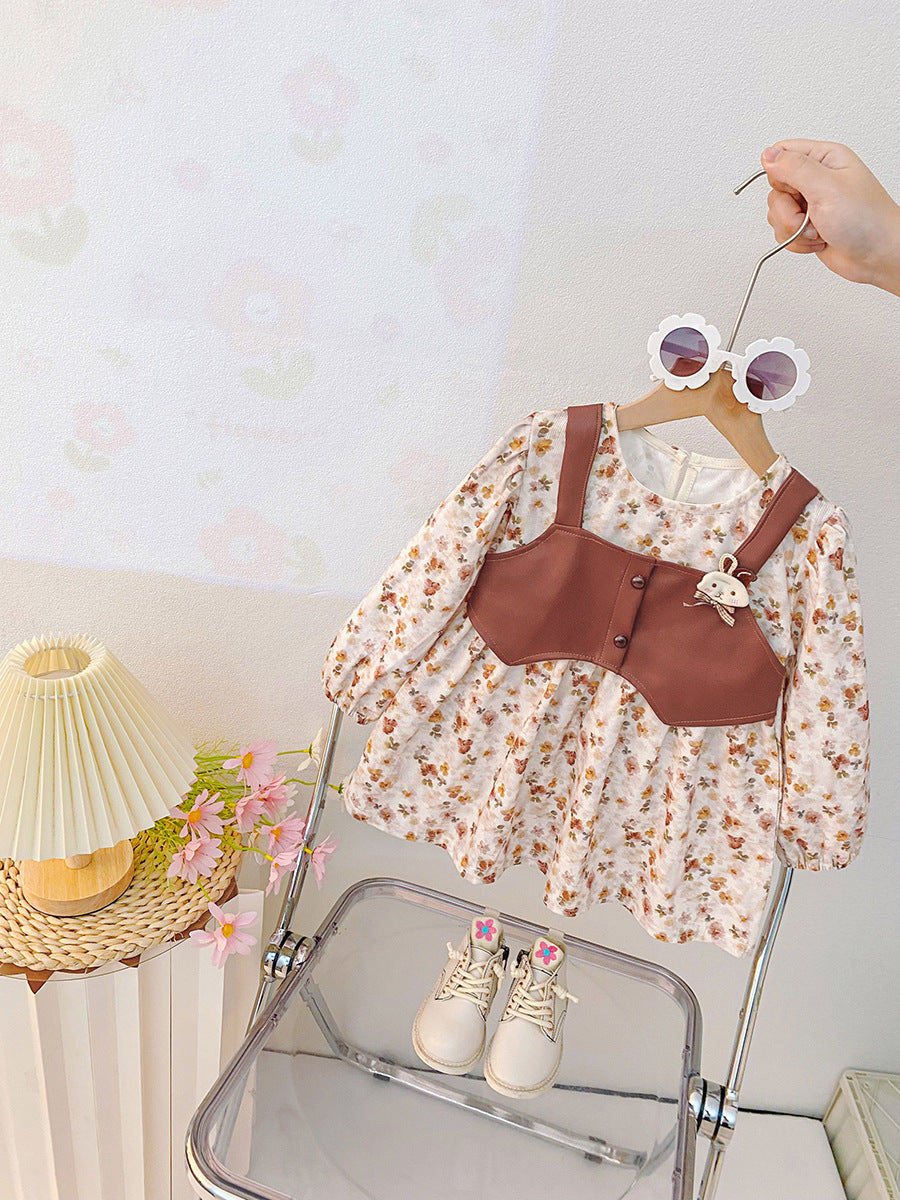 Trendy floral vest dress for baby girls - korean style, chic two-piece look, princess style dress - new autumn  collection