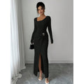 spring/summer new women's slim-fit bodycon fashionable slimming slit square neck long sleeve knitted dress