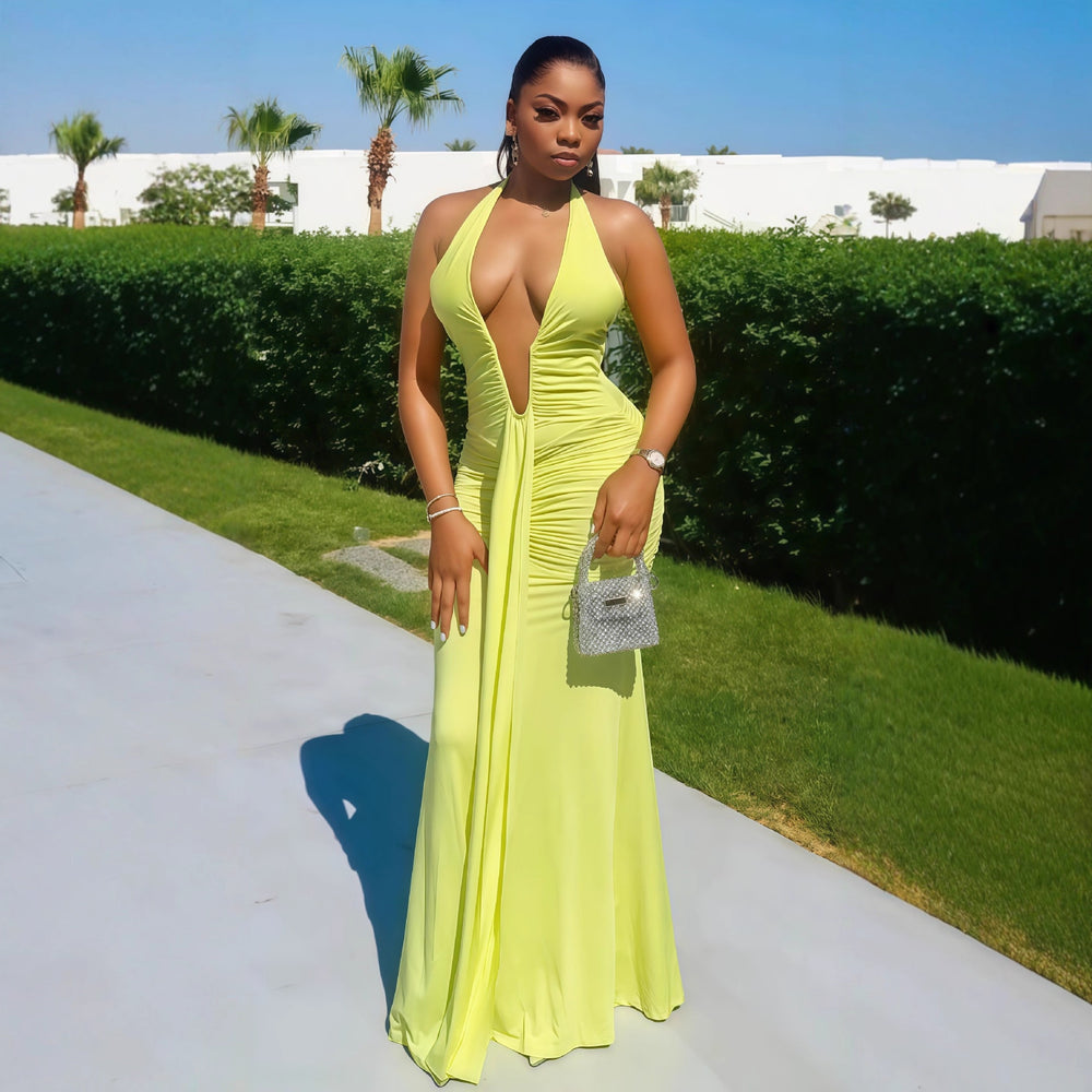 European and american cross-border women's fashion  autumn collection: solid color sleeveless halter neck v-neck sexy backless elegant maxi dress
