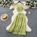Sweet and gentle women's outfit: tie-neck square collar camisole crop top + high-waisted pleated midi skirt two-piece set