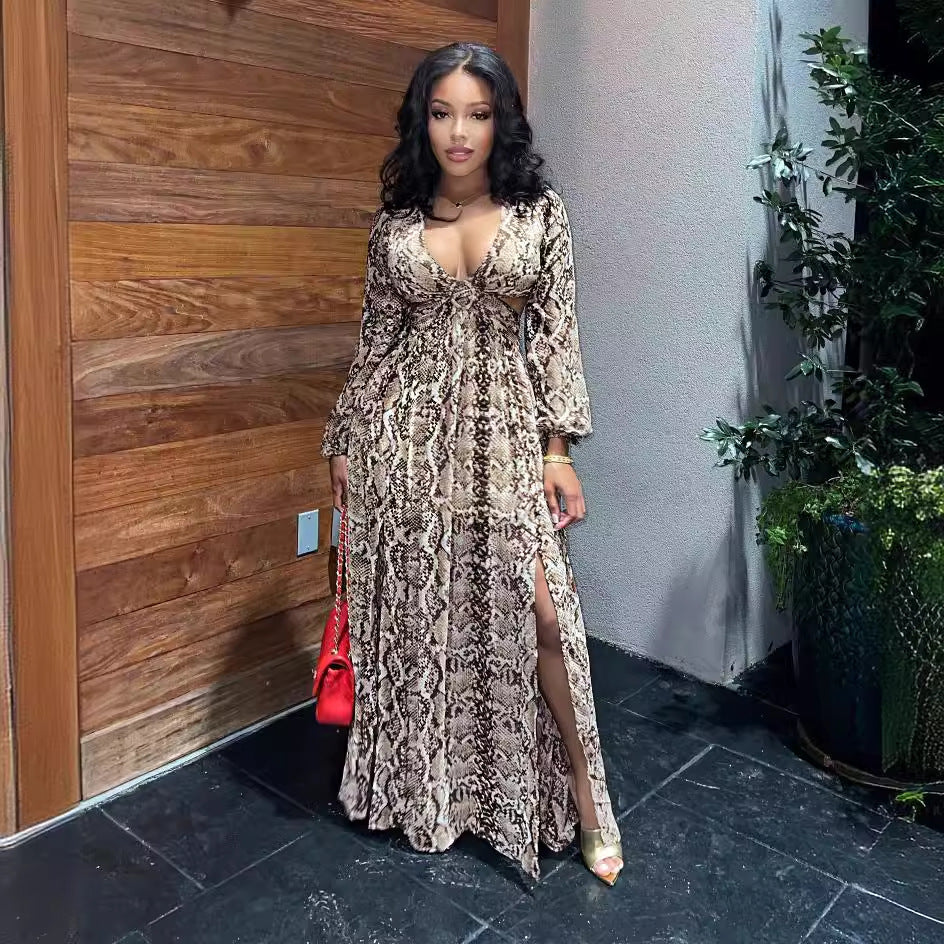 autumn new arrivals: european and american style fashionable sexy hollow-out flowy beach dress with python print slit maxi skirt